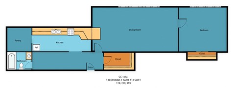 One Bedroom One Bath Floor Plan at Carolina Court Apartment Homes, Seattle, WA, 98109